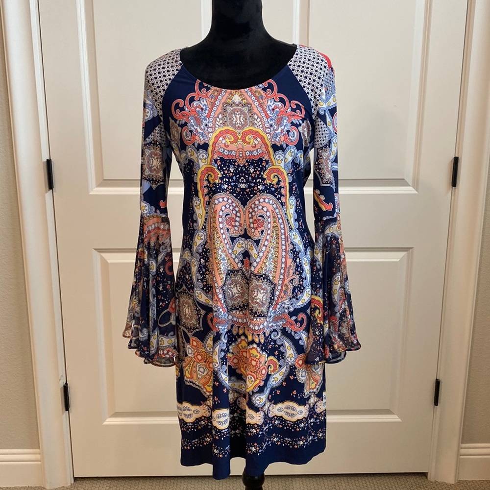 Ivy Lane Boho Dramatic Bell Sleeves Multicolor Midi Dress - Picture 1 of 6